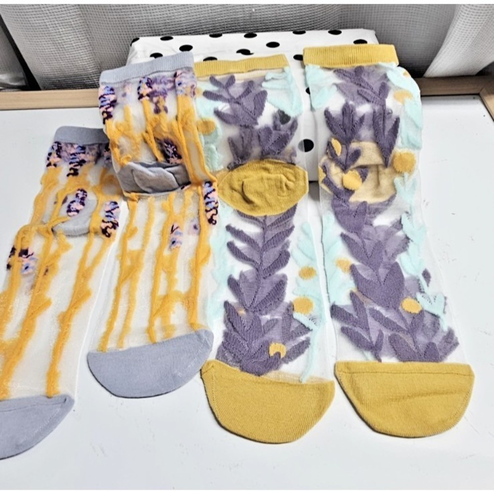 2 pairs floral ankle socks delicate mesh botanical‎ patterns sheer socks woman